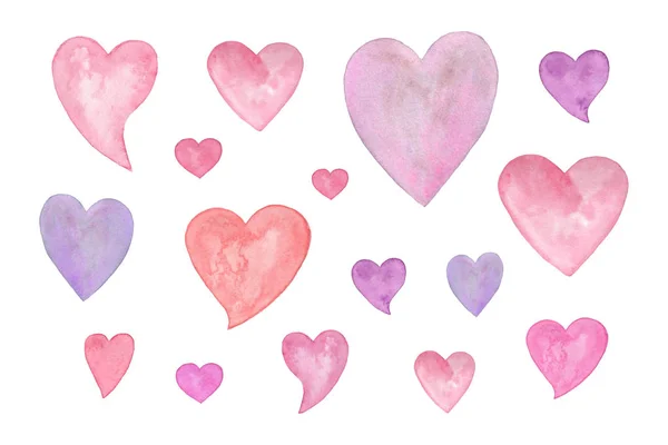 Rosa y violeta acuarela dibujado a mano corazones conjunto, objetivo aislado — Foto de Stock