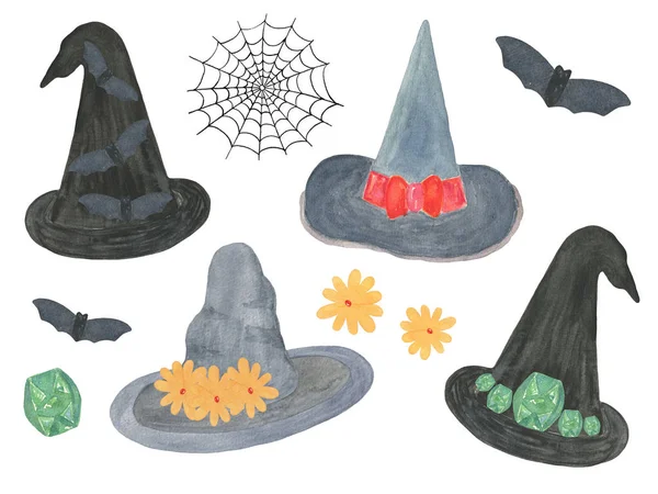 A set of cute fancy hats of a witch, isolated objects on the whi