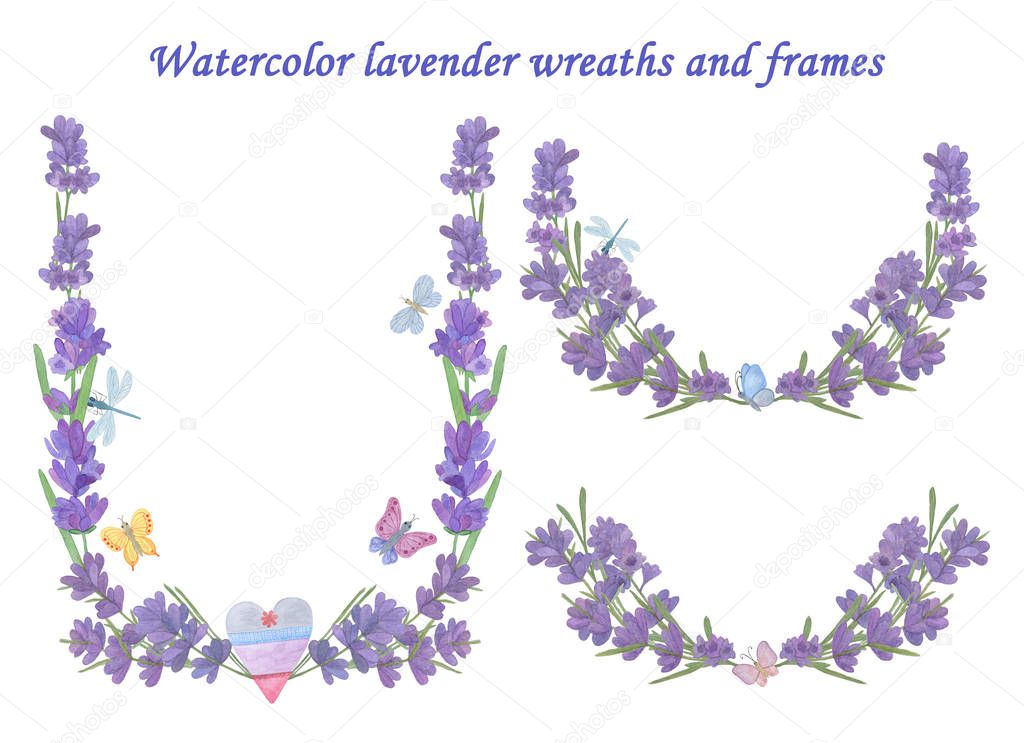 Lavender flowers wreath and frames border, hand drawn watercolor