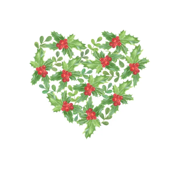 Hand drawn holly plant heart, I love Christmas pattern, traditional winter holidays plant, holly leaves and berries