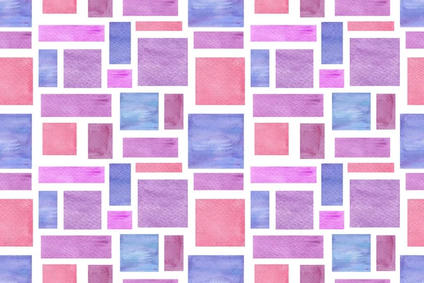 Watercolor hand drawn colored geometry figures repeat pattern, blue, pink and violet pastel tones