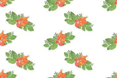 Yeşil yaprakları ile kırmızı Kuşburnu çilek suluboya çiçek bileşimi tekrar desen, el çizilmiş illüstrasyon