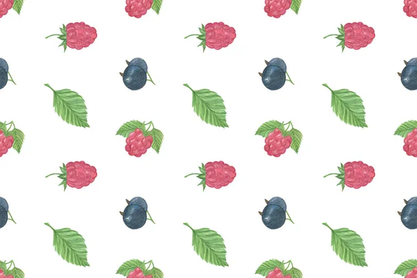 Botanische handgezeichnete Aquarell-Himbeeren und schwarze Johannisbeeren wiederholen Muster, Beeren und Blätter auf dem weißen Hintergrund, einfache nahtlose Verzierung — Stockfoto