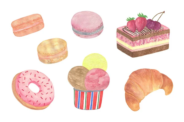 Ilustracja żywności, ręcznie rysowane obrazy na białym tle, zestaw słodkich deserów ciasta, lody, makarony, rogaliki, prosty ornament — Zdjęcie stockowe