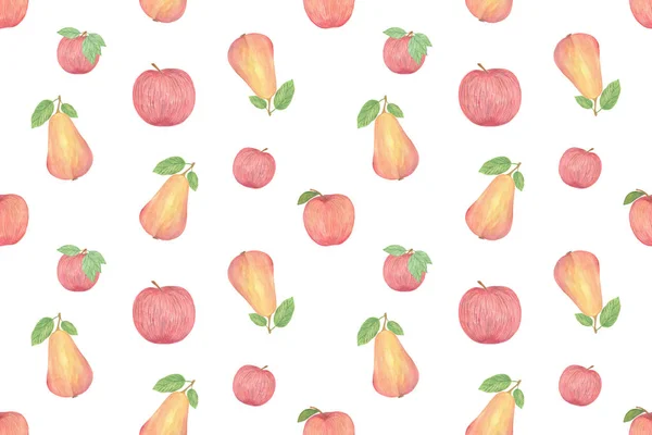 Red tasty apples and pears repeat pattern, watercolor hand drawn illustration on the white background