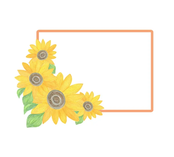 Acuarela dibujado a mano girasol marco rectangular, ilustración para utumn decoraciones navideñas, arreglo floral — Foto de Stock