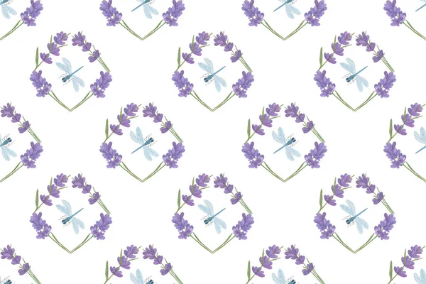 Acquerello composizione floreale vintage, cornice di lavanda sotto forma di losanga e libellula, simbolo dell'estate in stile bohemien — Foto Stock