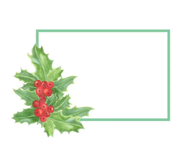 Holly natal planta quadro retangular, ilustração para cartões de saudação, convites e decorações de férias de inverno, arranjo floral — Fotografia de Stock