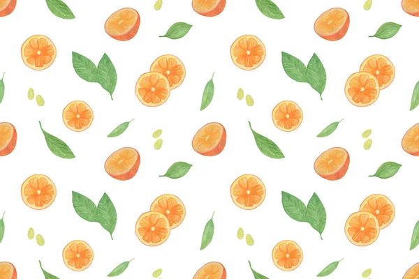 Acquerello disegnato a mano fetta arancione e foglie modello senza soluzione di continuità sullo sfondo bianco, semplice modello di ripetizione — Foto Stock