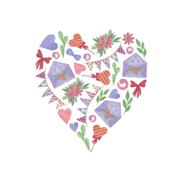 Colorido dibujado a mano acuarela corazón lleno de elementos de amor, símbolo de la fiesta de San Valentín — Foto de Stock