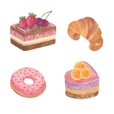 beyaz arka plan üzerinde el çizilmiş suluboya görüntüleri, tatlı tatlılar seti