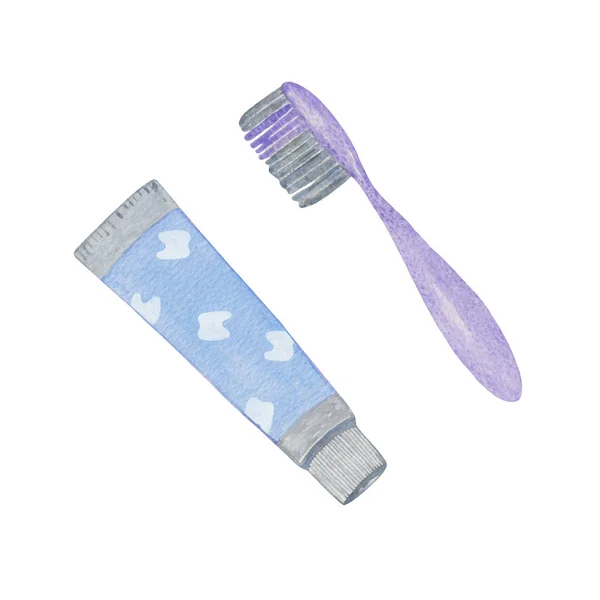 Bir diş macunu tüpü ve fırça seti, basit suluboya deseni — Stok fotoğraf