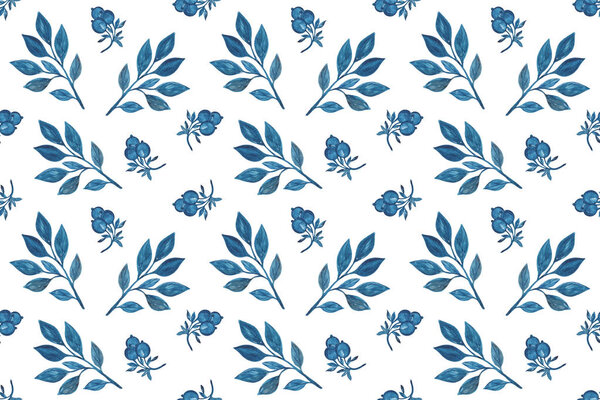 Dark-blue watercolor fancy leaves repeat pattern, simple seamles