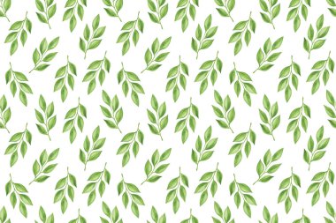 suluboya yeşil yapraklar, beyaz arkaplanda tekrarlanan desenler mevsimlik çizimler, basit dekoratif süsler.