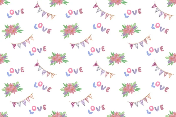 Repeat pattern of word Love, flags and flowers, symbol of St Valentines day celebration — Stock Photo, Image