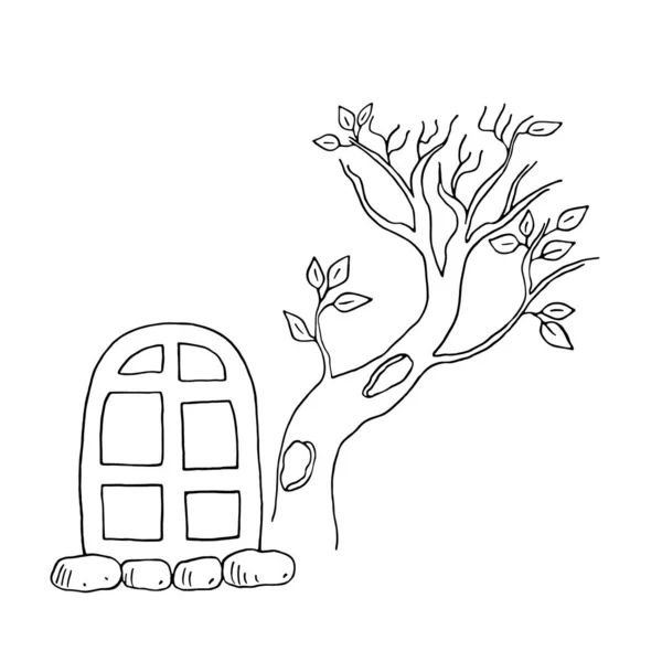 Cadılar Bayramı cadı evi penceresinin el çizimi vektör çizimi — Stok Vektör