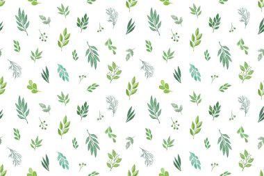 Farklı suluboya desenli dekoratif yapraklar, el çizimi desen 