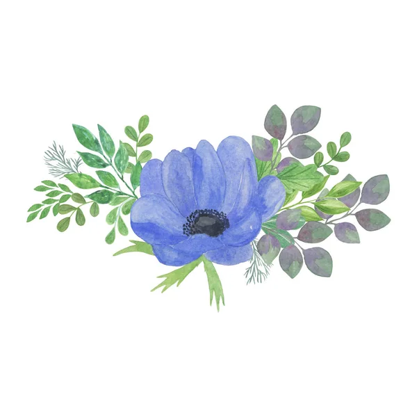 Λεπτή ακουαρέλα μπλε άνεμον λουλούδι και πράσινα φύλλα λουλουδάτη σύνθεση — Φωτογραφία Αρχείου
