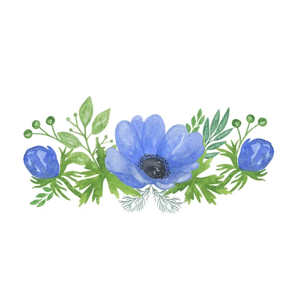 Нежный акварель синий анемон цветок и бутон, зеленые листья цветочная композиция — стоковое фото
