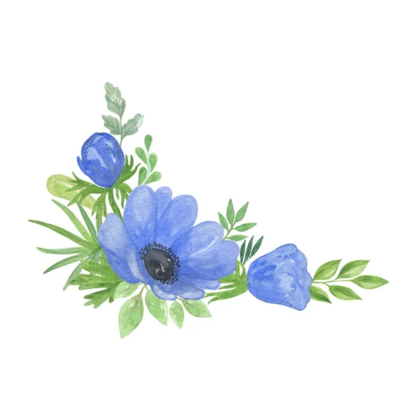 Zarte Aquarell blaue Anemonenblüte und grüne Blätter florale Komposition — Stockfoto