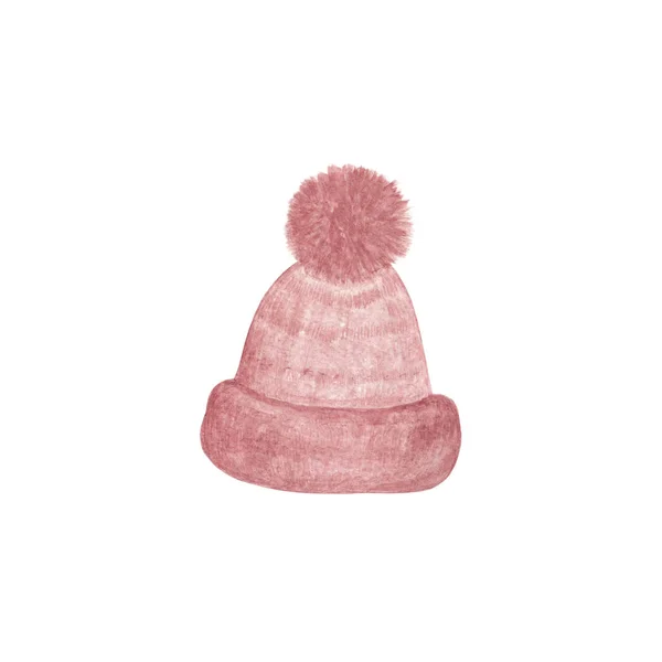 Miękki różowy kolorowe dzianiny ciepły kapelusz na zimę ręcznie rysowane akwarela ilustracja, kobiece modne nakrycia głowy, akcesoria zimowe na święta Bożego Narodzenia — Zdjęcie stockowe
