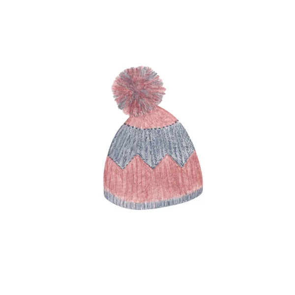 Chapeau chaud tricoté rose doux pour l'illustration d'aquarelle d'hiver sur le fond blanc, coiffure tendance féminine, accessoire d'hiver pour les fêtes de Noël — Photo