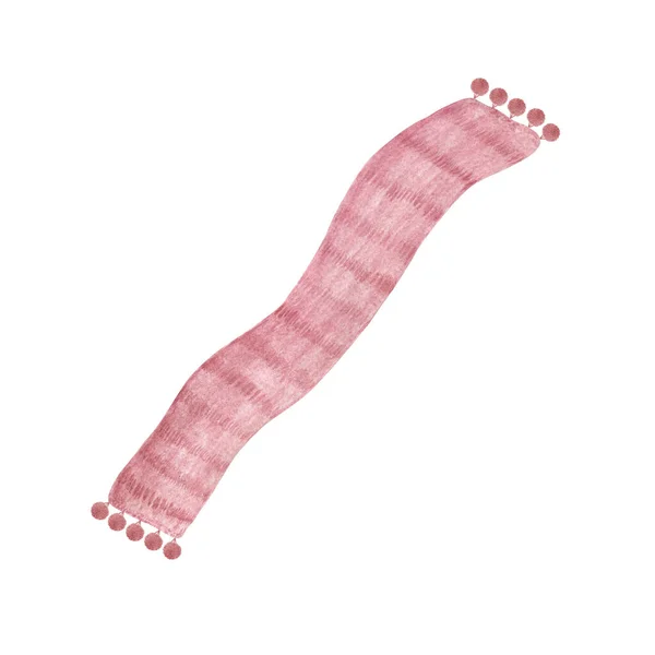 Zacht roze gebreide warme sjaal met pompons voor de winter met de hand getekend aquarel illustratie op witte achtergrond, vrouwelijke trendy kleding, winter accessoire voor kerstvakantie vieringen — Stockfoto