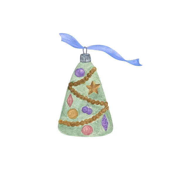 Χριστουγεννιάτικη διακόσμηση δέντρου με μπλε κορδέλα υδατογραφία εικονογράφηση εορταστική μοτίβο διάθεση για ευχετήρια κάρτα, πανό, χειμερινές διακοπές εορτασμού σχεδιασμό — Φωτογραφία Αρχείου