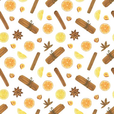 Noel baharatı, anason, tarçın, portakal dilimi, limon dilimi, kış tatili kutlamaları suluboya çizimleri, beyaz arka plan şenlik imajı.