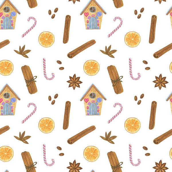 Christmas spice, gingerbread house, candy cane, anise, cinnamon, orange slice winter holiday celebration watercolor illustration repeat pattern, on white background festive mood image