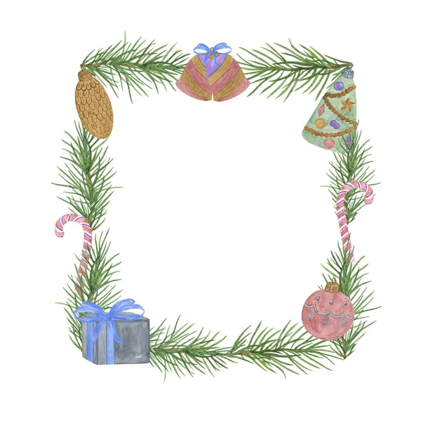 Vánoční strom větev s dekoracemi, cukrová třtina, zvonky s lukem akvarel ilustrační rám pro přání, pozvánka ručně malované zimní svátky obraz — Stock fotografie