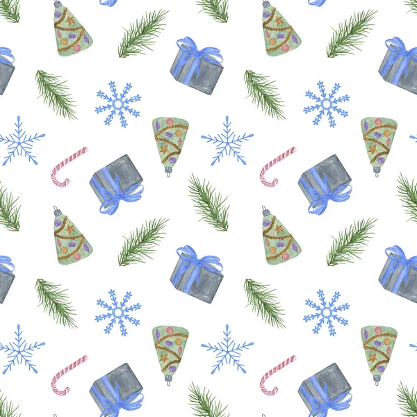 Christmas repeat pattern of gift box with a bow, fir tree branches, decorations, snowflakes hand painted ornament for winter holiday greeting cards, textile, wrapping paper — Stock Photo, Image