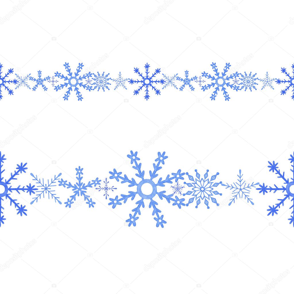 Snowflake horizontal border seamless pattern Christmas winter holidays hand drawn symbol of end of year family celebration, festive mood simple pattern, invitation, clipart, repeat ornament