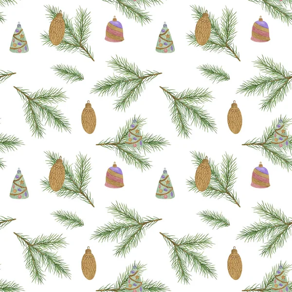 Christmas Repeat Pattern Bauble Decorations Fir Tree Branches Hand Painted — Stock Photo, Image