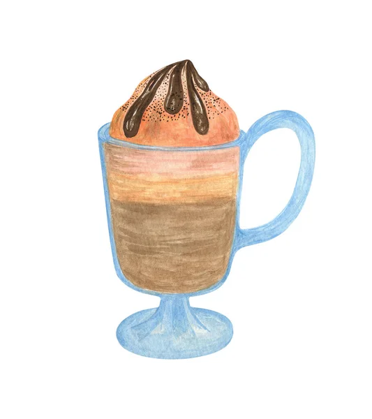 Winter Hot Drink Whipped Cream Transparent Glass Cup Watercolor Illustration — Stock Photo, Image