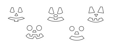 Balkabağı oymanın Cadılar Bayramı yüzü, geleneksel sonbahar tatili tasarımının ürkütücü yüzü, Cadılar Bayramı kutlaması el çizimi basit karalama çizimi, çizgi sanatı