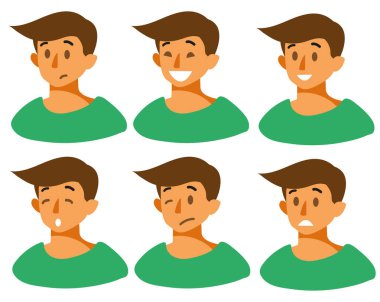 Adam s yüz sevinç, üzüntü, gülümseme, öfke, korku, tahriş, kahkaha farklı duygular ile ayarlayın.