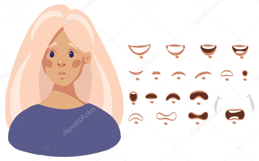 Mouth set of female cartoon character in flat design, vector illustration isolated on white background.