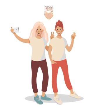 Akıllı telefonda selfie çeken iki genç mutlu kız dan oluşan bir grup.