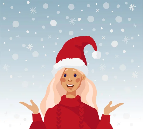 Hermosa chica con un sombrero de santa. Tarjeta de Navidad con chica y nieve. Feliz Navidad. — Vector de stock