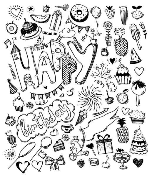 Doodle hand drawn sketch, set of happy birthday design elements. Fruit, cake, balloons, holiday decorations. — Stock Vector