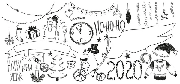 Doodle új év beállítása. Boldog új évet 2020. — Stock Vector
