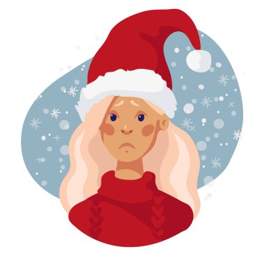 Noel Baba'nın kırmızı şapkalı üzgün kızı. Vektör karakter illüstrasyon. Üzüntü Noel kız yüz avatar.