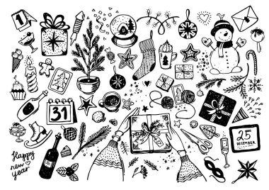 Yeni Yıl ve Noel temasında nesneler ve sembollerin kabataslak vektör el çizilmiş doodle karikatür seti.