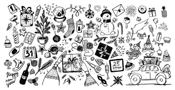 Doodle rysowane Boże Narodzenie i nowy rok symbole i ikony dla karty okolicznościowe lub projektu. — Wektor stockowy
