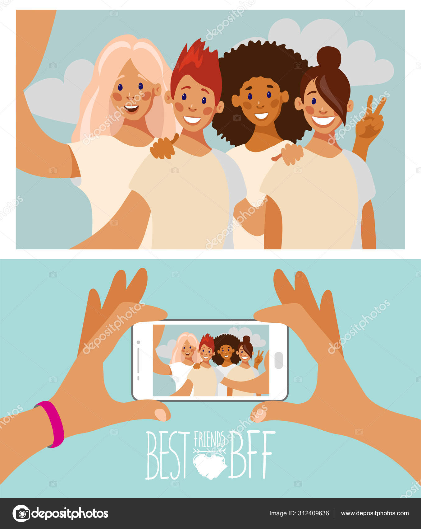 スマートフォンで写真を撮る4人の女の子の友達のグループ ストックベクター C Antusenok
