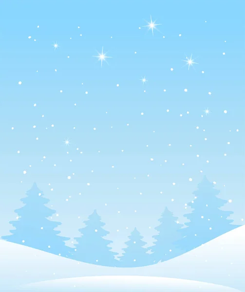 Winterbos landschap. Kerstachtergrond voor wenskaart. Blauwe lucht met sneeuw en sterren, besneeuwd bos. Vector illustratie in plat ontwerp. — Stockvector