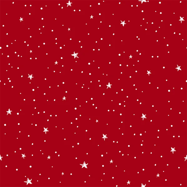 Διάνυσμα χωρίς ραφή μοτίβο. Λευκά αστέρια και κουκίδες σε κόκκινο φόντο. Ιστορικό για το σχεδιασμό, scrapbooking, ταπετσαρία, χαρτί περιτυλίγματος. Φωτεινό εορταστικό μοτίβο. — Διανυσματικό Αρχείο