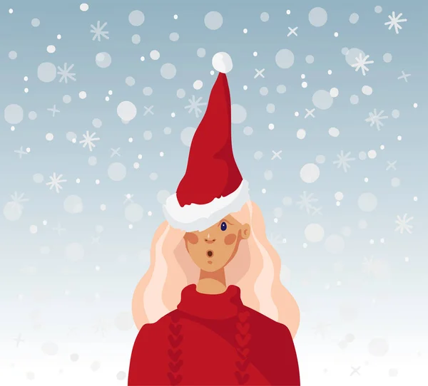 Chica sorprendida en Santa Sombrero. Fondo azul con nieve. Ilustración de vector de estilo de dibujos animados planos . — Vector de stock