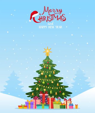 Noel kartı. Karda bir sürü hediyeyle süslenmiş Noel ağacı. Kış ormanı geçmişi. Kartlar, afişler, tebrikler, davetiyeler vs. için boş. Düz vektör tasarımı.